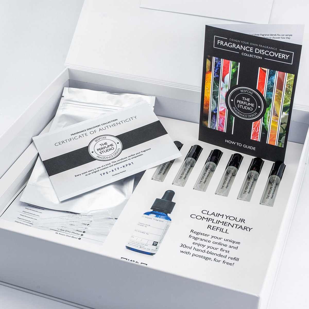Fragrance discovery kit with 5ml mini atomiser (for perfume vials_, certificate, and guide from The Pure Scent Studio. Register your bespoke fragrance with The Perfume Studio for complimentary refills and rewards.