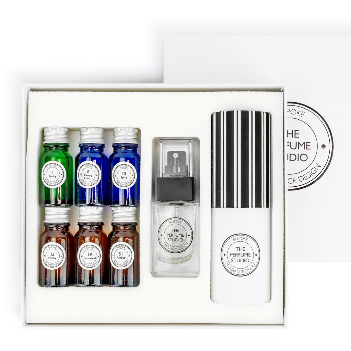 Set of perfume bottles and a larger bottle with 'The Perfume Studio' branding on a white background.