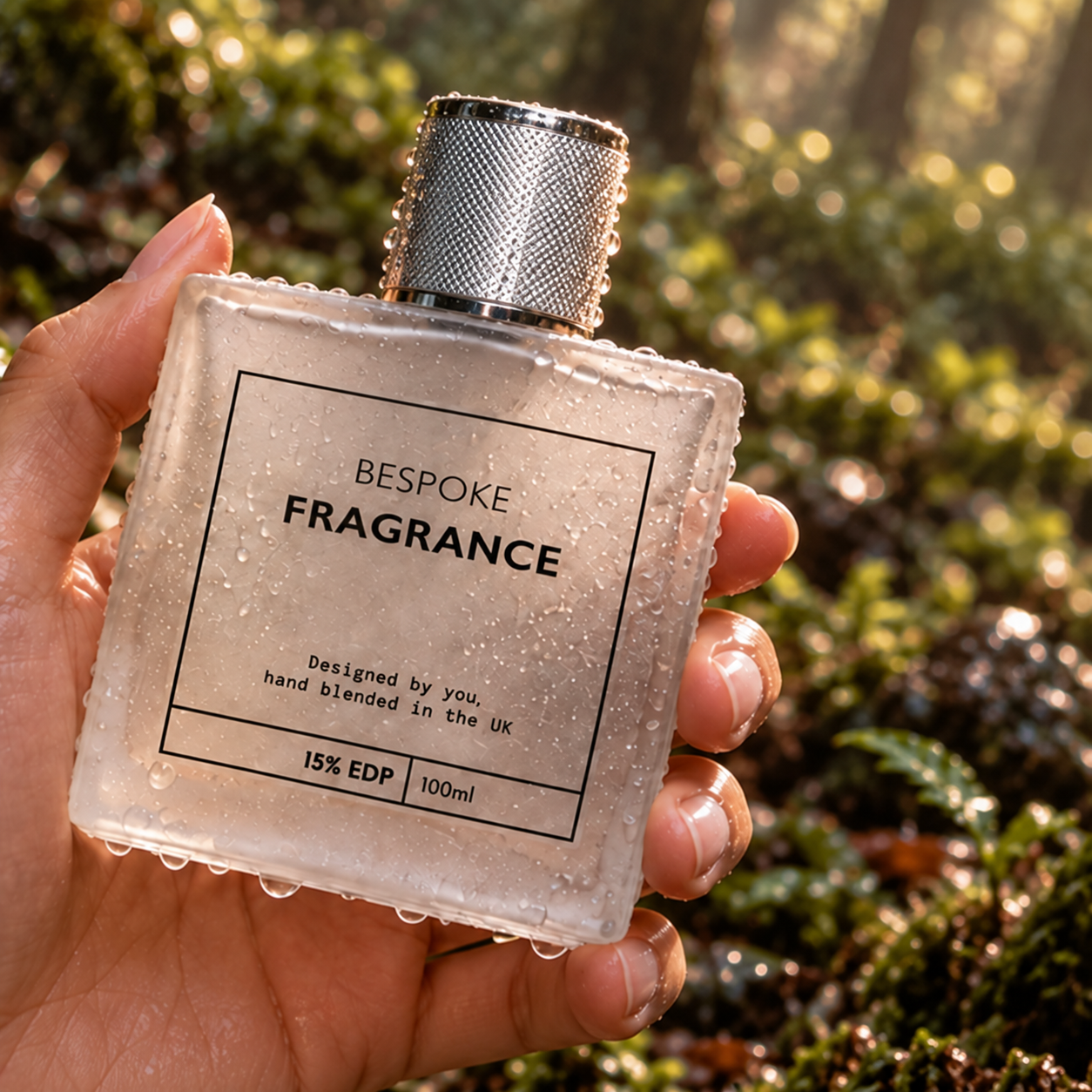 A hand holding a square frosted glass bottle of bespoke fragrance with water droplets, set against a blurred forest background.