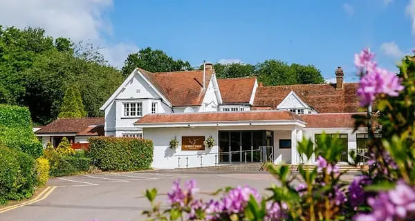 A white village-style building in St Albans with a red tiled roof, surrounded by green trees and shrubs, with purple flowers in the foreground and a blue sky above.