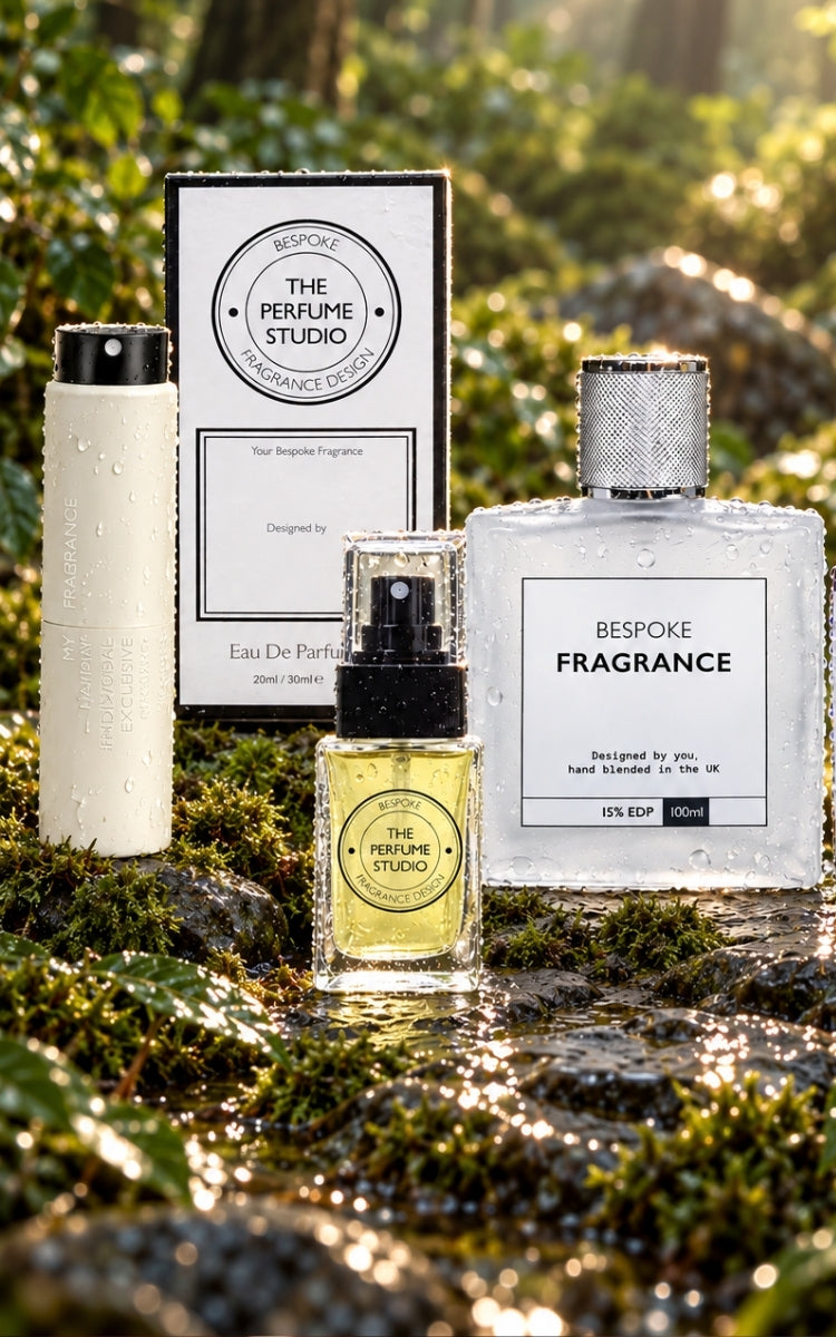 Bespoke perfume fragrance refills from The Perfume Studio, including a 100ml clear bottle with yellow liquid, a white spray bottle, and the product box, arranged on mossy rocks outdoors with sparkling water and sunlight.