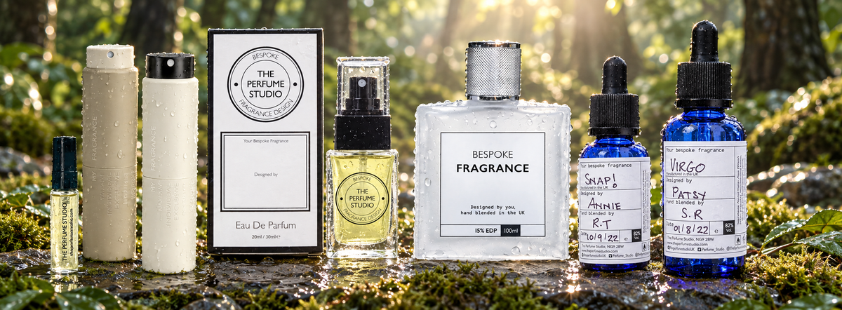 A lineup of bespoke perfume refill options arranged outdoors on mossy rocks with a sunlit forest background. Visible items include a small blue dropper bottle, a tall white cylindrical bottle, a boxed fragrance labeled 'The Perfume Studio', a round amber bottle, a frosted rectangular fragrance bottle labeled 'Response Fragrance', and two blue dropper bottles with handwritten labels.