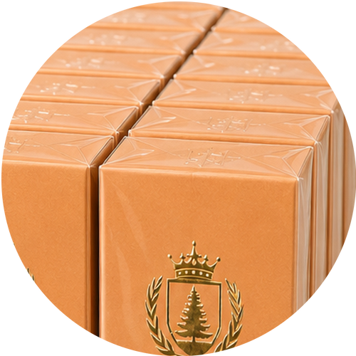 A close-up circular view of multiple peach-orange rectangular boxes stacked together, each embossed with a logo and featuring a gold crest with a crown and tree on the front box.