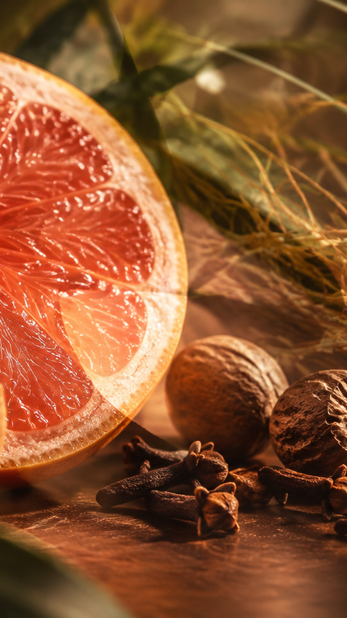 A close-up still life of a sliced pink grapefruit, cinnamon sticks, whole spices, dried grasses, and green leaves on a warm brown surface with soft smoke in the background.