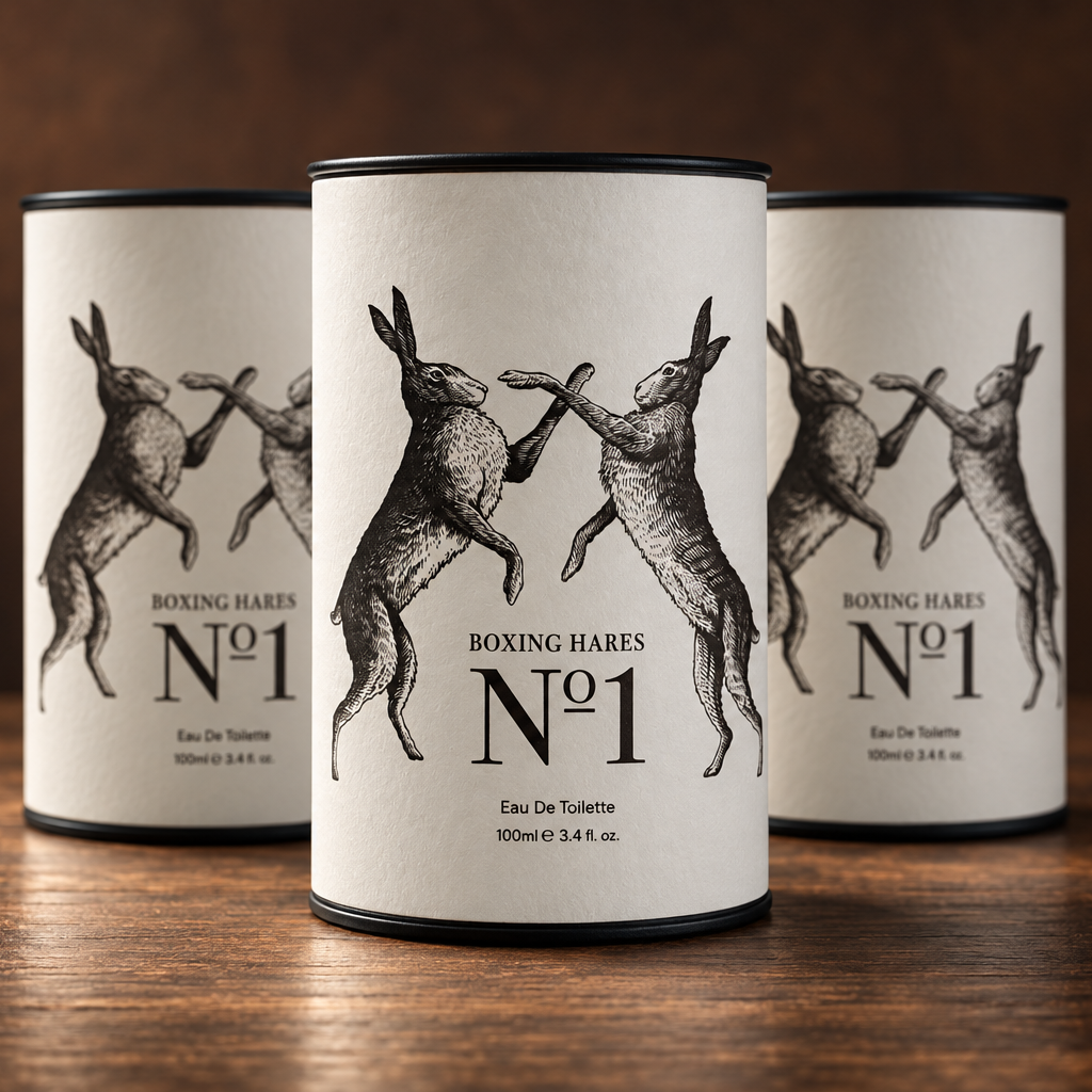 Three cylindrical cosmetic tubes with cream-colored labels and black caps, featuring a black line art illustration of two boxing hares and the text 'BOXING HARES N°1', arranged on a dark wooden surface against a warm brown background.