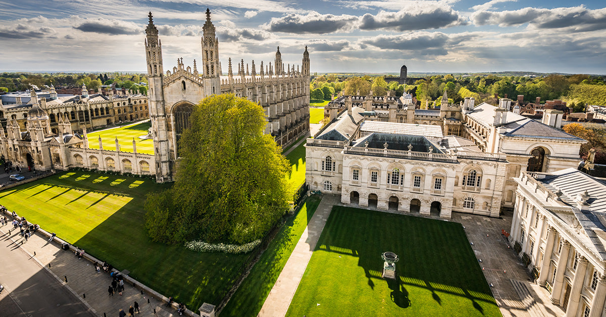 Aerial view of historic university campus in Cambridge with grand stone buildings, manicured green lawns, a large leafy tree, and a dramatic cloudy sky.