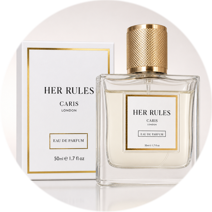 A bottle of Her Rules Caris London Eau de Parfum next to its white and gold box, set against a clean white background.