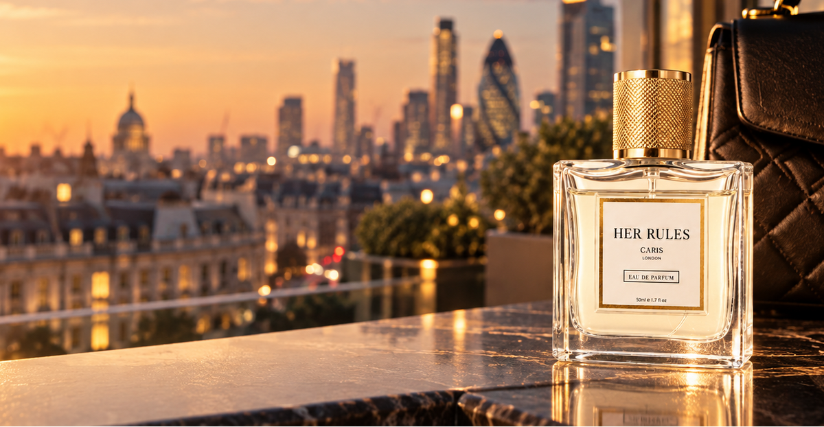 A clear rectangular perfume bottle labeled HER RULES with a gold cap, placed on a dark marble surface beside a black quilted handbag, with a London city skyline at sunset in the background.