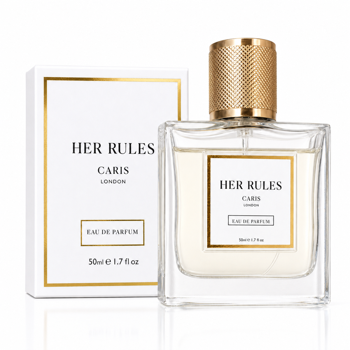 A 50ml bottle of Her Rules Caris London Eau de Parfum next to its white and gold packaging box, set against a clean white background.