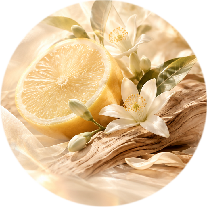 A circular composition featuring a halved lemon, white citrus flowers, green leaves, and a piece of driftwood on a soft beige fabric background with warm light effects.