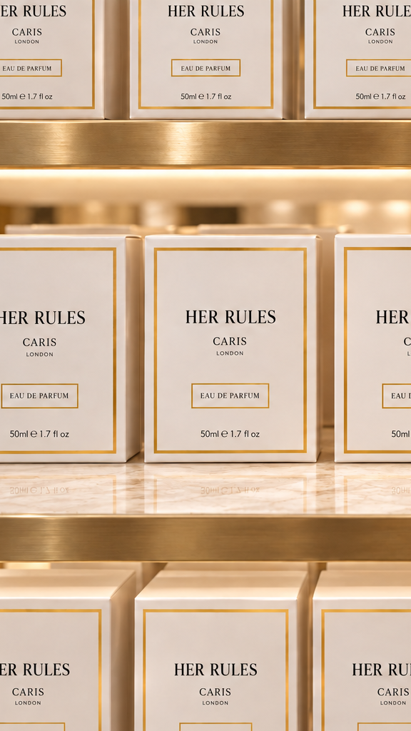 Multiple identical rectangular product boxes arranged on metallic gold shelves. The boxes are cream or off-white with thin gold borders and black text reading 'HER RULES' and 'CARIS London'.