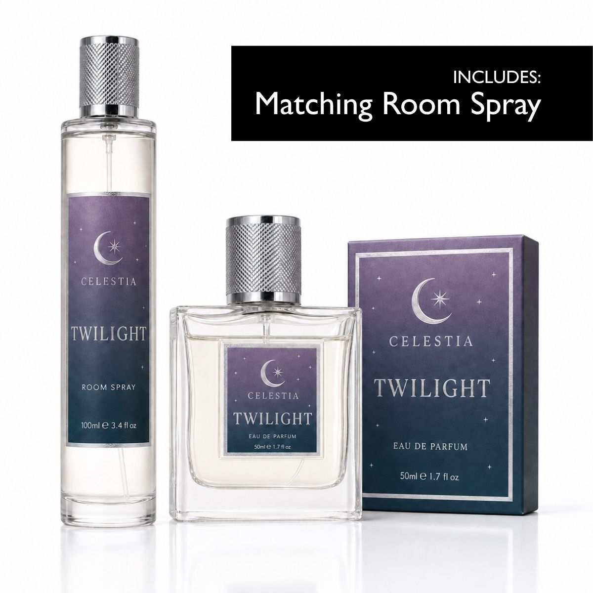 Celestia Twilight room spray set including a 100ml room spray bottle, a 50ml eau de parfum bottle, and its packaging box, with a black banner indicating it includes matching room spray.