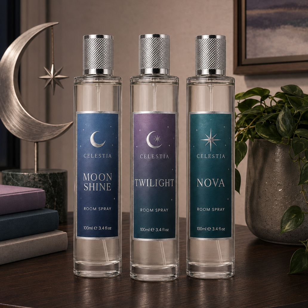 Three tall clear glass room spray bottles with silver caps stand on a dark wooden table. The labels read Celestia Moon Shine, Twilight, and Nova in blue, purple, and teal tones.
