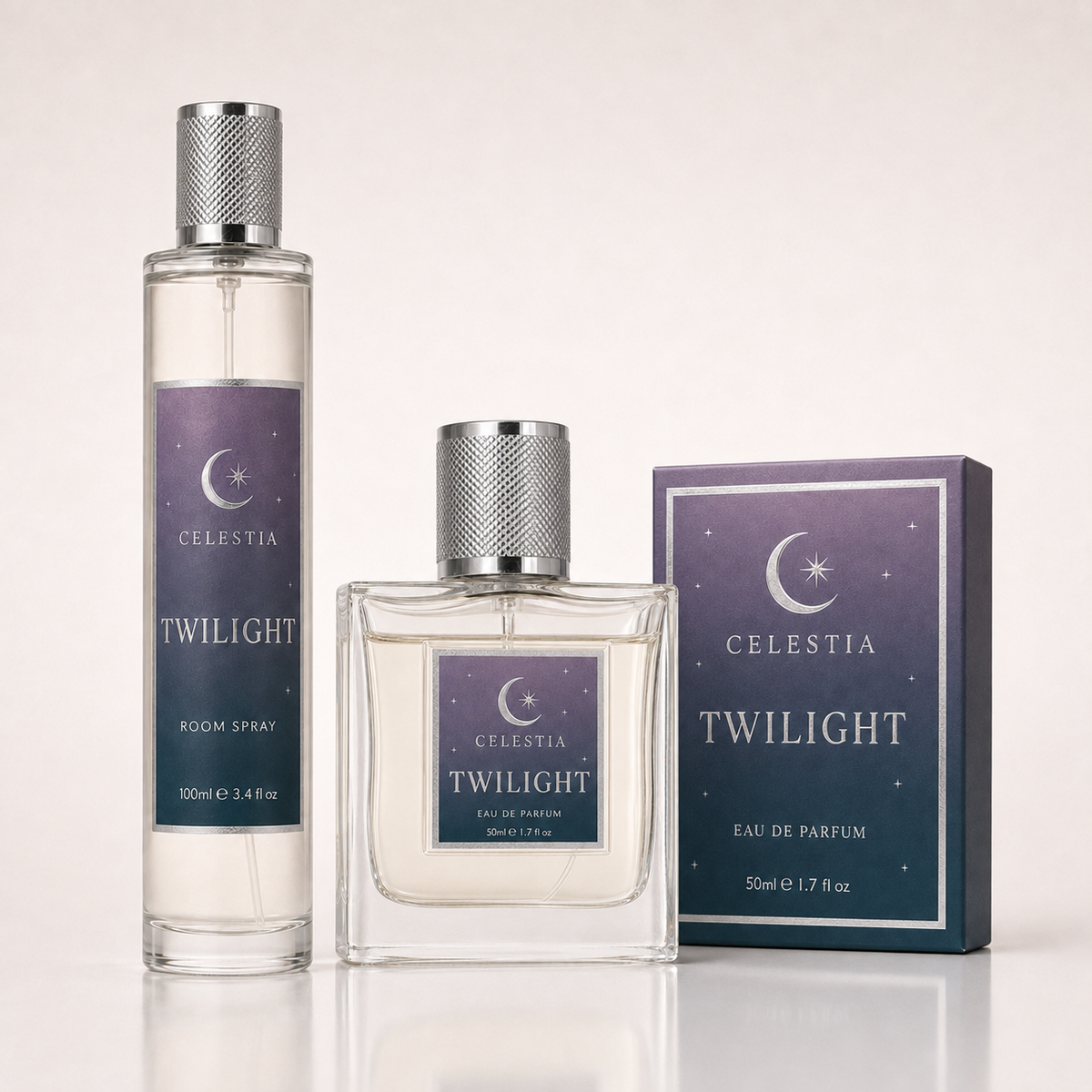 Three fragrance items from Celestia Twilight: a tall room spray bottle, a square perfume bottle, and its retail box, all with purple-to-blue gradient labels and silver caps on a light neutral background.