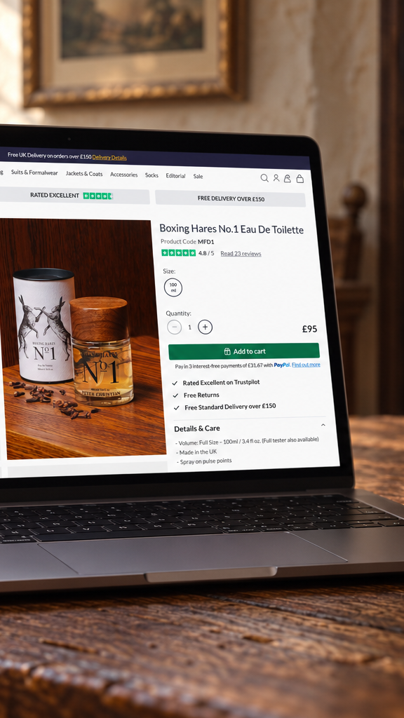 A laptop on a rustic wooden table displays a Peter Christian No. 1 Boxing Hares Eau De Toilette scent on the screen. 