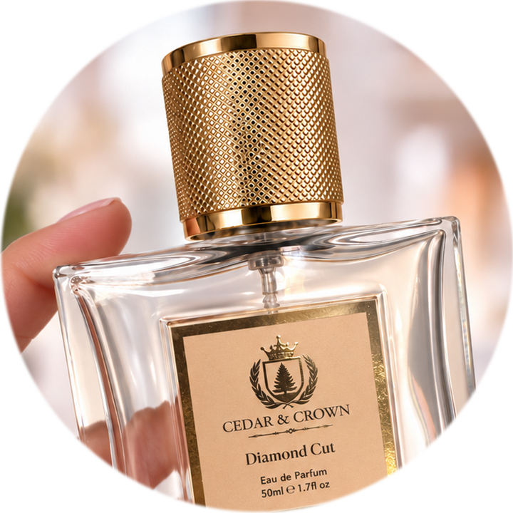 A hand holding a clear glass perfume bottle with a textured gold cap and a beige label reading Cedar & Crown Diamond Cut Eau de Parfum, shown against a soft blurred background.