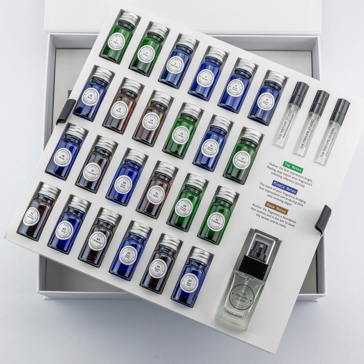 Fragrance Discovery Collection contents – 24 perfume blends, 5ml mini atomisers, and luxury glass atomiser by The Perfume Studio.