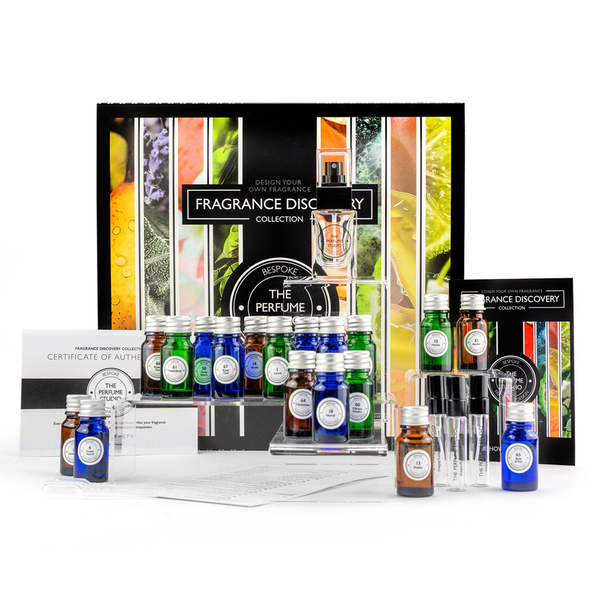 Luxury Fragrance Discovery Collection box by The Perfume Studio; design your own perfume kit with 24 Eau de Parfum blends and free refill - at home fragrance design.