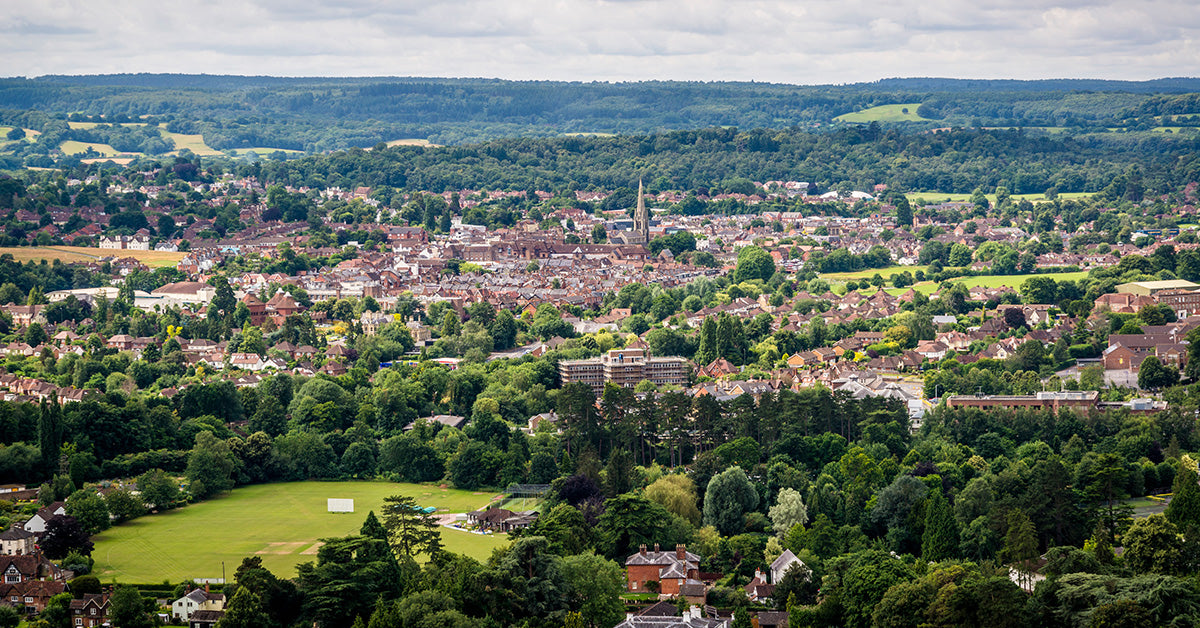 Aerial view of Dorking with dense red-roofed buildings, green trees, fields, and rolling hills under a cloudy sky.