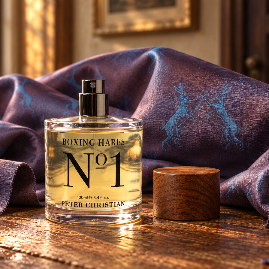 Peter Christian No. 1 Boxing Hares perfume bottle displayed on a rustic wooden table, draped with purple patterned fabric, with the wooden cap beside the bottle.