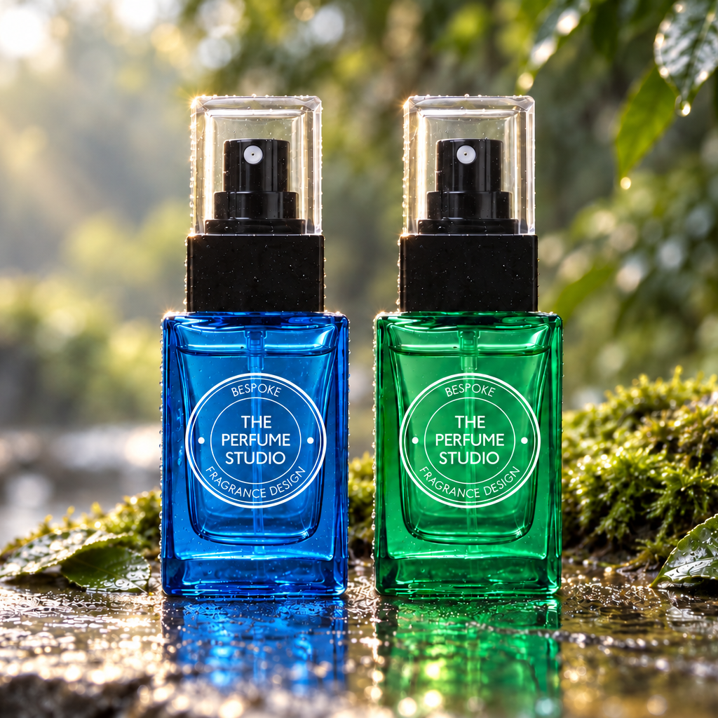 Two perfume spray bottles, one blue and one green, standing on a wet stone surface outdoors with blurred green foliage and sunlight in the background. Both bottles have black spray tops and circular white labels reading 'THE PERFUME STUDIO'.