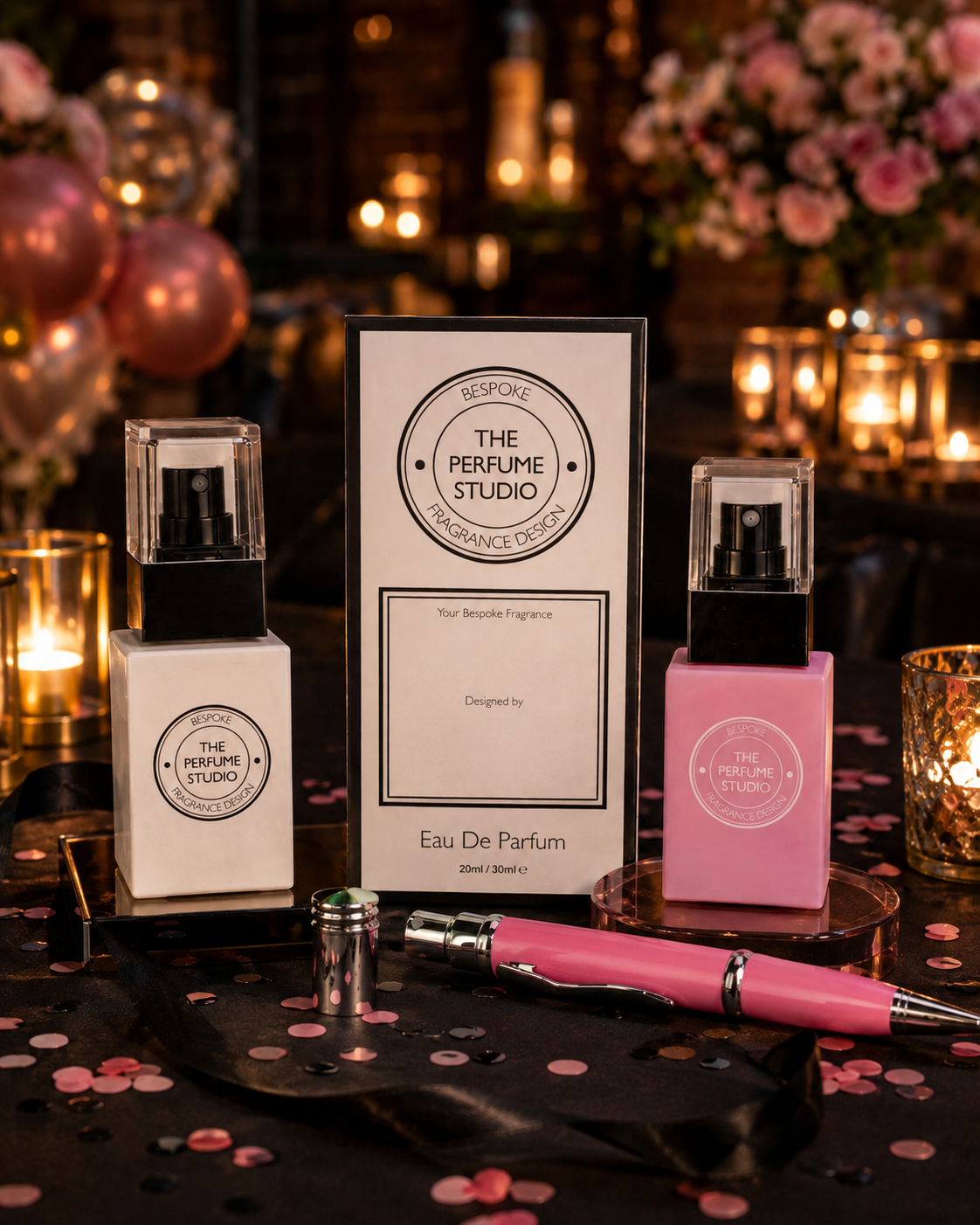 A perfume gift set from The Perfume Studio, featuring a white and black bottle, a pink and black bottle, and the product box, styled on a black tablecloth with pink confetti and candles in the background - located at a hen party perfume making event.