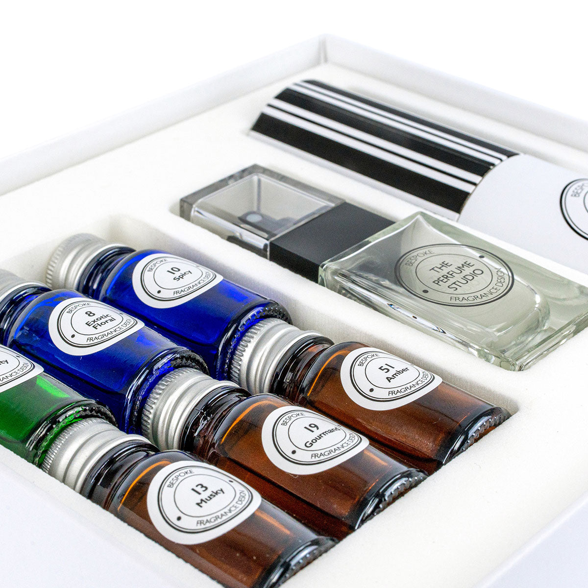 Set of ink bottles and a inkwell in a white box