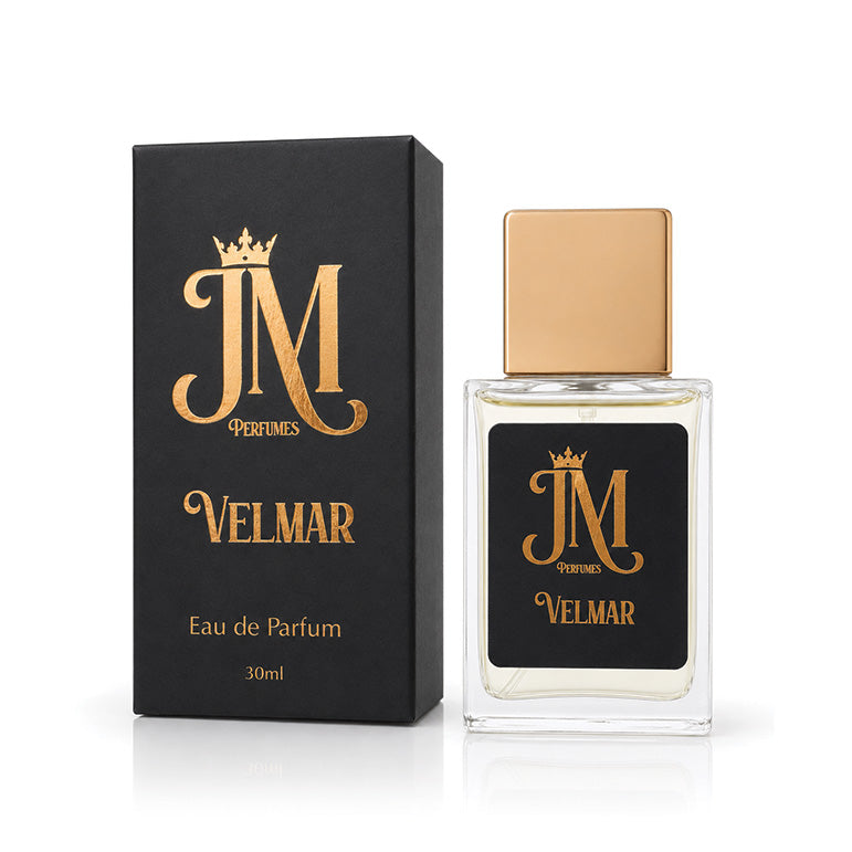 A 30ml bottle of Velmar Eau de Parfum by JM Perfumes next to its black packaging box, both featuring a gold 'JM' logo with a crown and 'VELMAR' text, set against a plain white background.