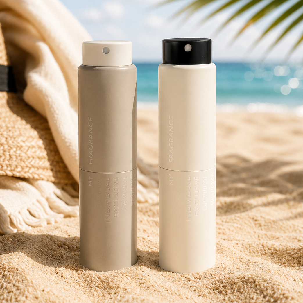Two cylindrical fragrance spray bottles standing on sandy beach ground, with a woven straw hat and palm leaves in the background near the ocean.