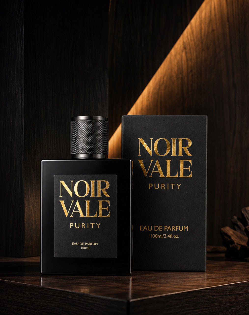 A black rectangular perfume bottle with a textured silver cap stands beside its matching black box. Both the bottle and box feature the text 'NOIR VALE PURITY' in metallic gold lettering, with 'EAU DE PARFUM' and '100ml' below.