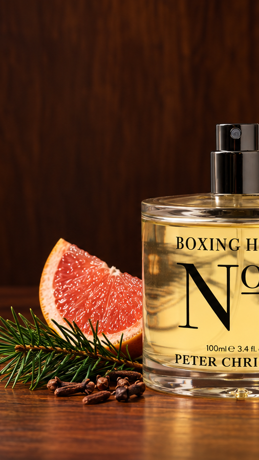 Peter Christian Boxing Hares No 1 Eau de Toilette perfume bottle and its cylindrical cardboard packaging, styled on a dark wooden table with a grapefruit slice, pine needles, and cloves.