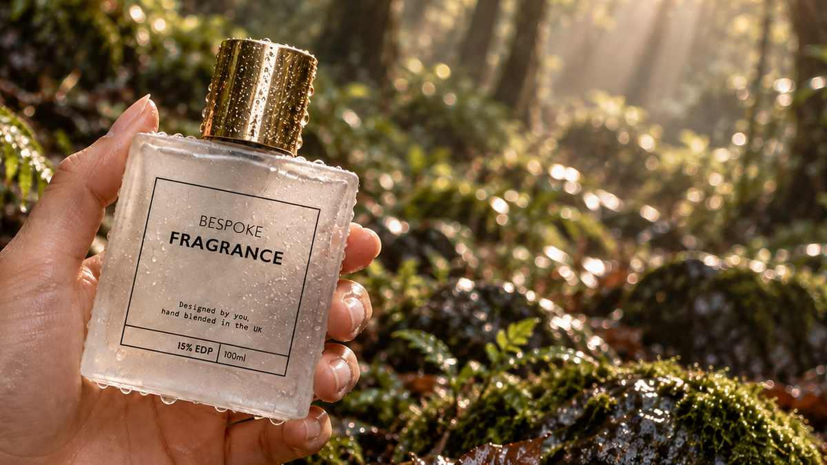 A hand holds a square frosted glass perfume bottle labeled 'BROOKE FRAGRANCE' with a gold cap, set against a sunlit, mossy forest background.