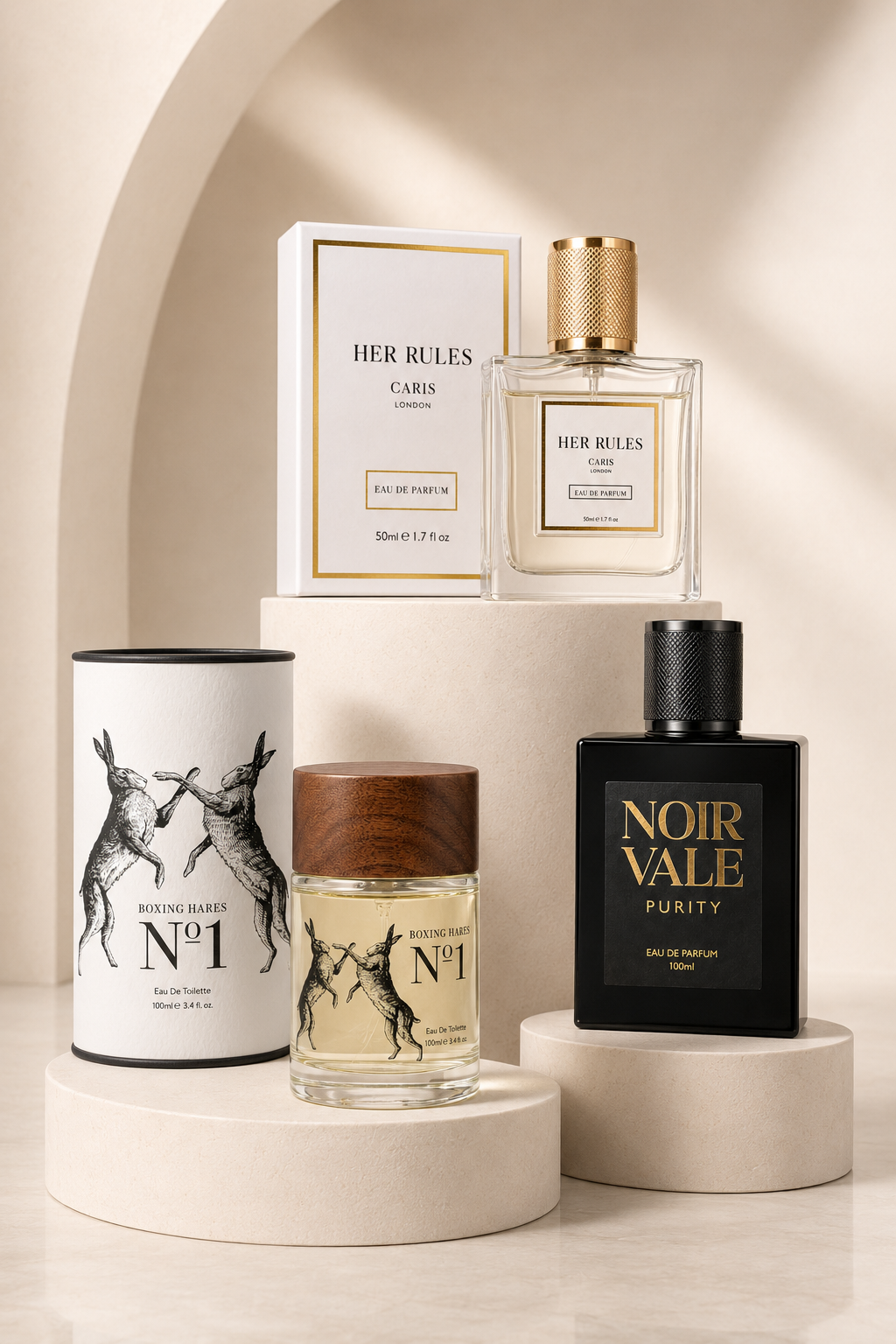 A curated perfume display featuring four fragrance items on beige pedestals.