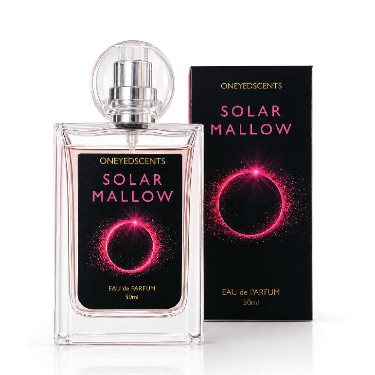 A 50ml bottle of Oneyedscents Solar Mallow Eau de Parfum next to its black packaging box, both featuring a pink glowing ring graphic on a black background.