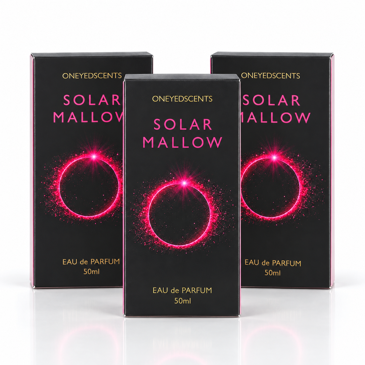 Three black perfume boxes for Oneyedscents Solar Mallow Eau de Parfum 50ml, arranged in a fan shape on a white reflective surface.