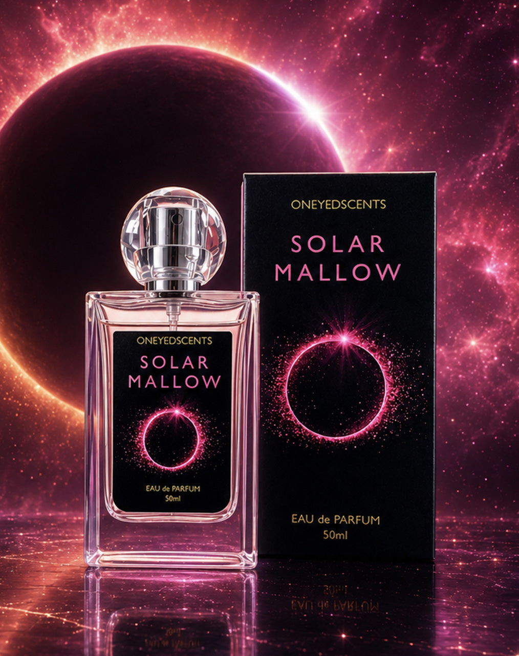 A 50ml bottle of Oneyedscents Solar Mallow Eau de Parfum and its black packaging box, both featuring a pink solar eclipse graphic, set against a cosmic pink and purple background.