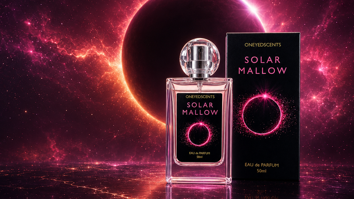 A perfume bottle and its matching box displayed together against a dramatic cosmic eclipse background. The product packaging is black with glowing pink and white text and graphic elements, and the bottle is clear glass with a silver cap.