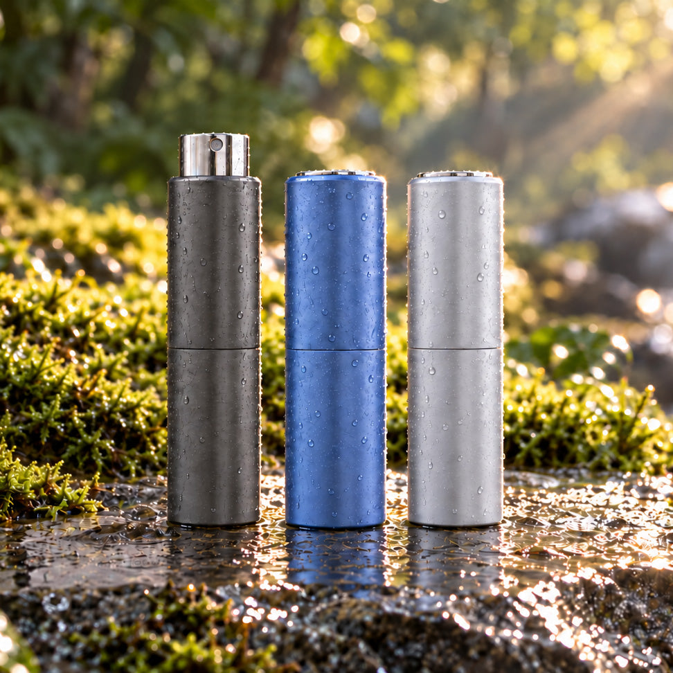 Twist-up atomiser for bespoke fragrance standing upright on a wet mossy rock outdoors, with a forest stream and sunlit foliage in the background. The containers are shown in three colourways: dark gray, metallic blue, and silver.